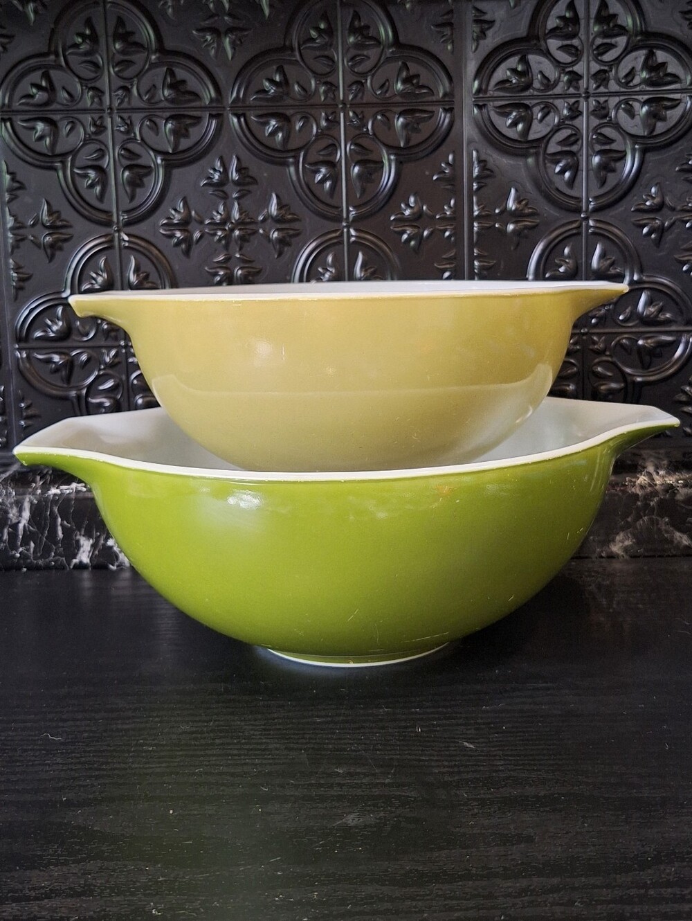 Vintage Pyrex Verde Cinderella Mixing Bowls, 444 & 433 1970s Mixing Bowls